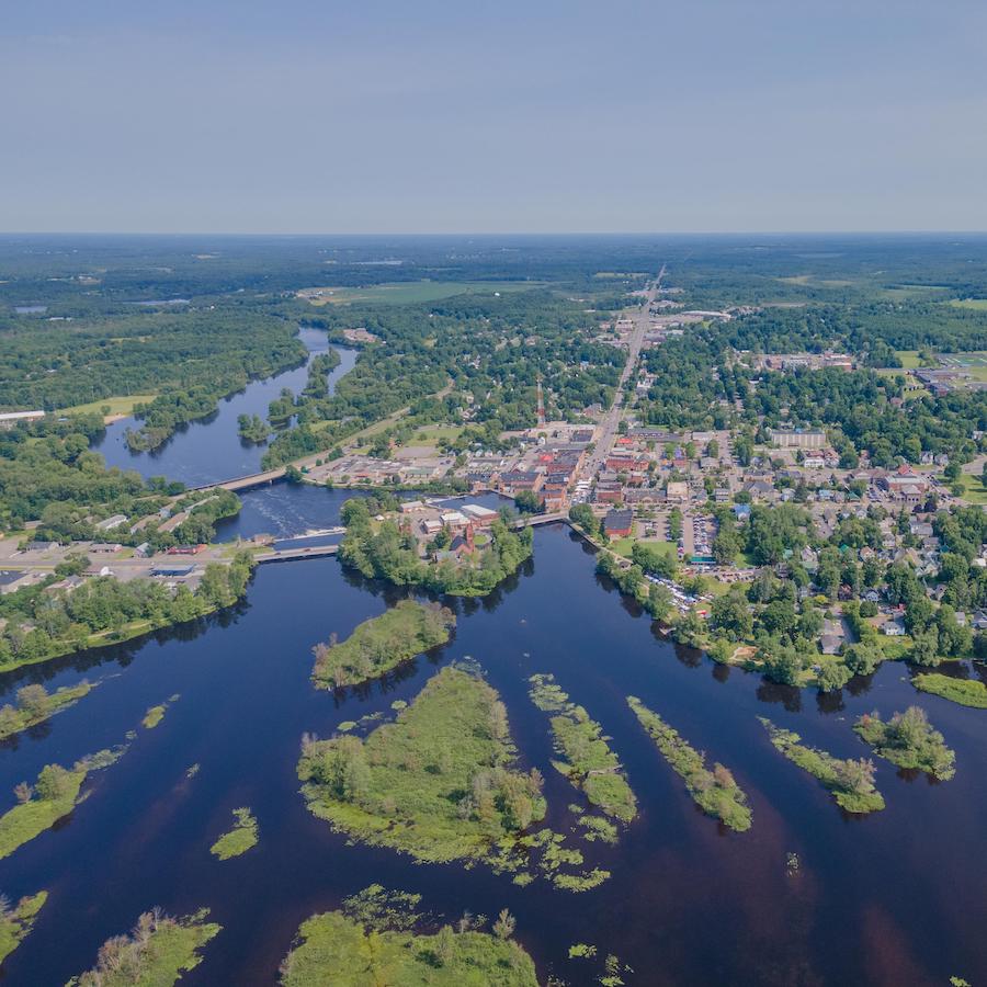 Birdseye view of Potsdam and the river